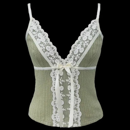 Xingqing Fairy Coquette Tank Top y2k Women Lace Floral V Neck Spaghetti Strap Sleeveless Vest with Bow 2000s Aesthetic Clothing