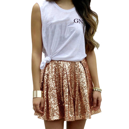 Women's Fashion High Waist Pleated Solid Color Short Skirt Sexy Holiday Cosplay Pink Sequin Skirt Elegant Party Wear Mini Skirts