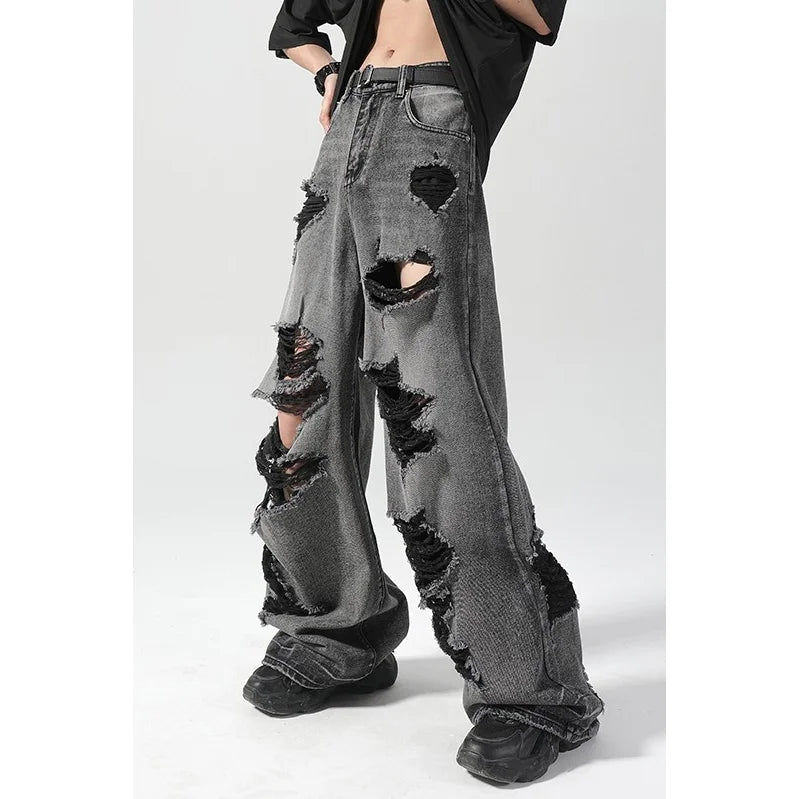 Ripped jeans for women in summer, cool, old high street American wide-leg pants loose and versatile straight trousers y2k jeans