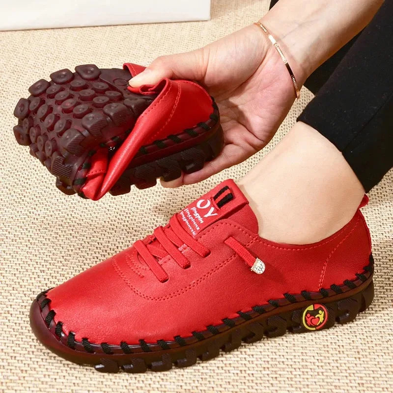 Stylish red comfortable casual loafers for women with flexible sole and lightweight design