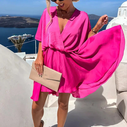 Sexy V Neck Dresses For Women Elegant Short Sleeve Solid A-line Loose Mini Dress Women Casual Beach Party Dress Boho 2022