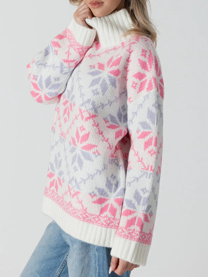 Women Cute Turtleneck Sweaters Casual Snowflake Print Comfy Warm Long Sleeve Pullover Basic Knitwear for Fall Streetwear