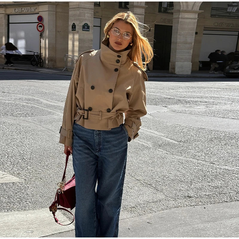 Belted Waist Cropped Trench Double Breasted Stand Collar 2025 Autumn Chic Elegant Women Coat Casual Vintage Office Lady Jacket