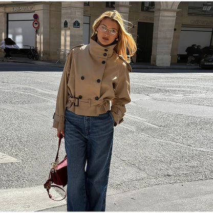 Belted Waist Cropped Trench Double Breasted Stand Collar 2025 Autumn Chic Elegant Women Coat Casual Vintage Office Lady Jacket