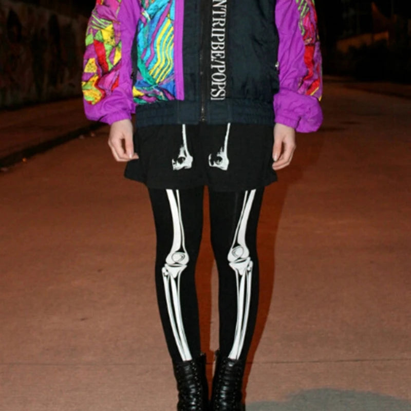 Trendy women's skeleton tights for Halloween featuring a bold white skeleton design on a black background