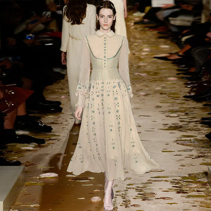 MoaaYina Fashion Designer Spring dress Women's Dress Turn-down Collar Lantern Long Sleeve Flower Embroidery Dresses