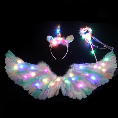 Light up angel costume for girls with colorful wings and matching headband and wand