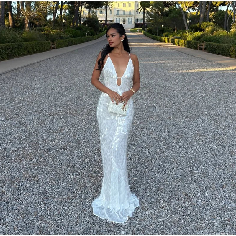 Women Sequin Sling Maxi Dress V-neck Solid Backless High Waist Sleeveless Dresses 2025 Fashion New Summer Lady Party Robes
