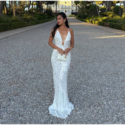 Women Sequin Sling Maxi Dress V-neck Solid Backless High Waist Sleeveless Dresses 2025 Fashion New Summer Lady Party Robes