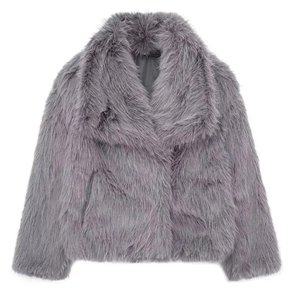 HH Winter Women Elegant Warm Plush Coat Turn-Down Collar Thick Cardigan Coat Female Pocket Long Sleeve Short Outerwear Mujer