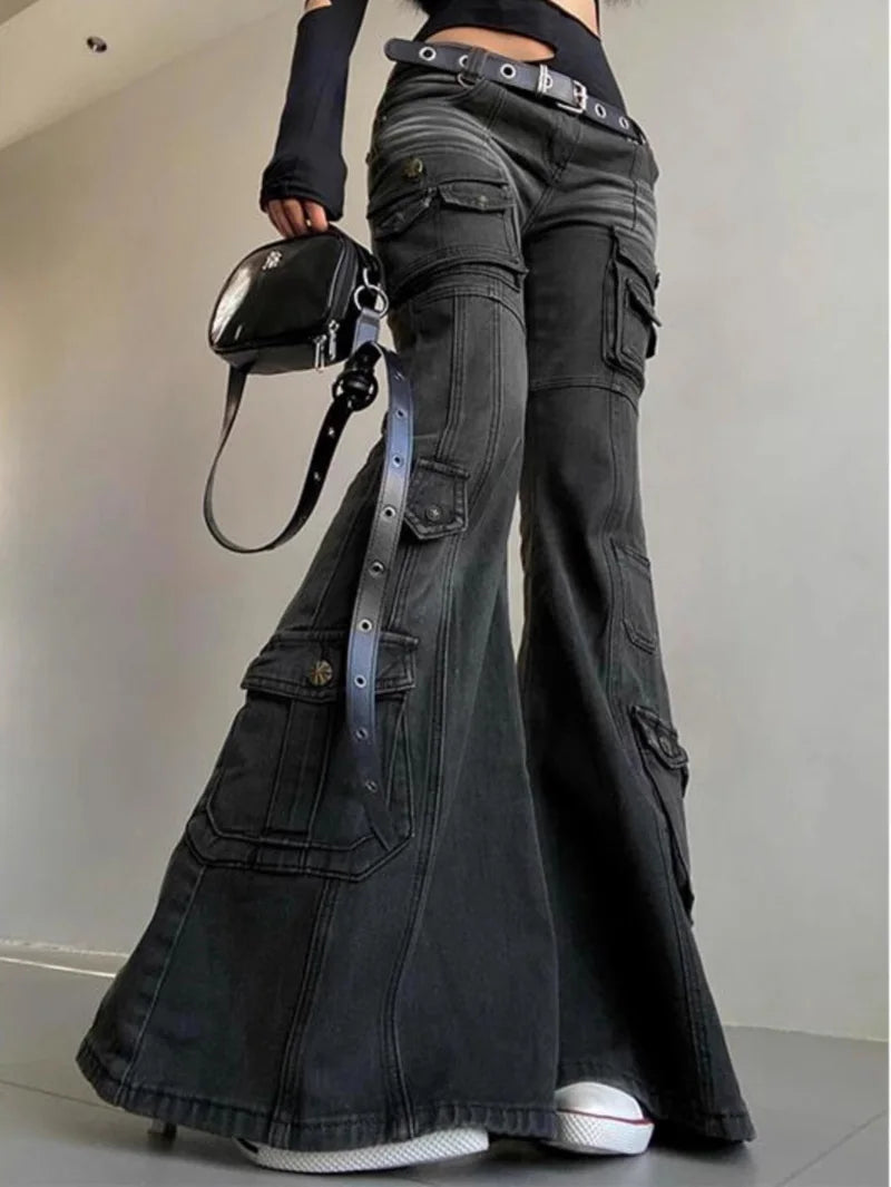 Women Dark Academia Gothic Grunge Low Waisted Cargo Flare Denim Pants Japanese Abi Y2k Harajuku Bell-Bottom Jeans Goblin Core