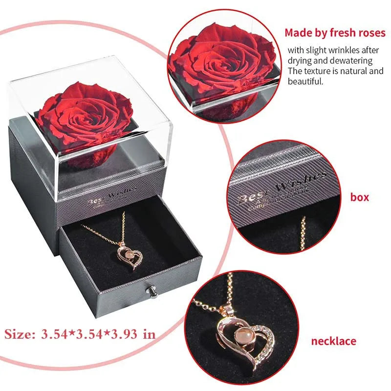 New Fashion Pendant Necklace In Rose Flower Jewelry Gift Box Preserved Rose Necklace Set Wedding Christmas Gift for Girlfriend