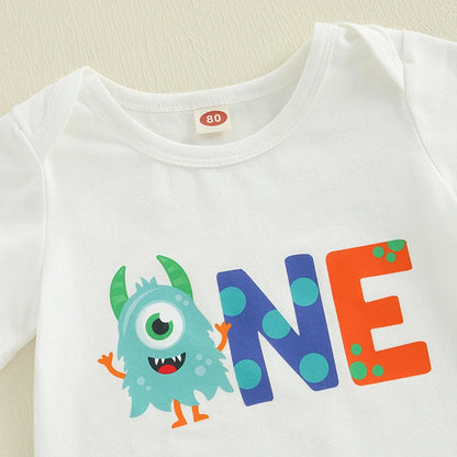 Baby Boys 1st Birthday Outfits Dinosaur Print Short Sleeve Bodysuit and Pants 2Pcs Clothing Set for Toddler Boys Party Wear