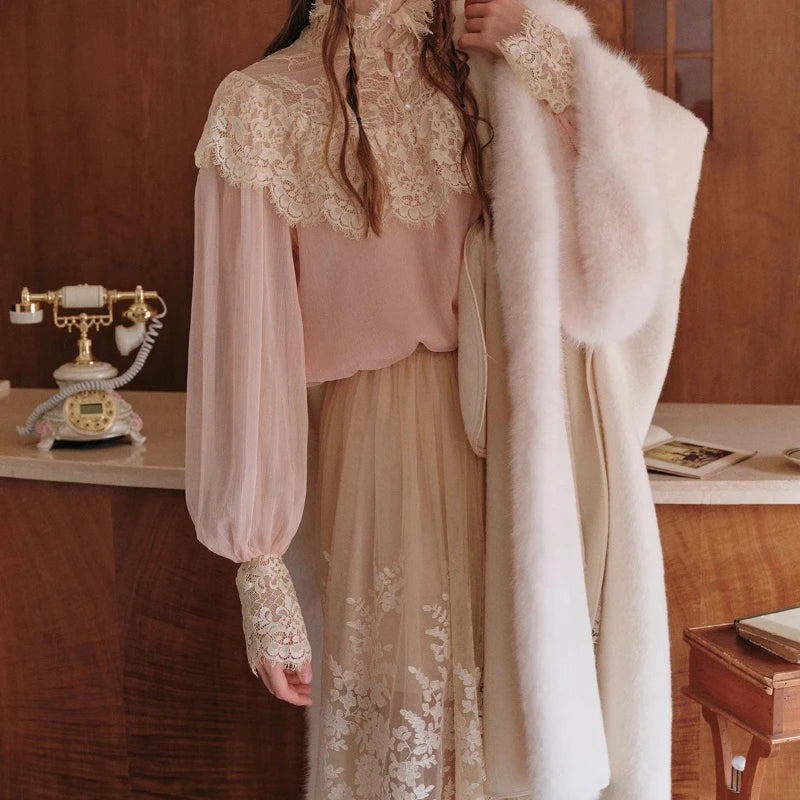 France Style Elegant Sweet 2 Piece Set Women Vintage Lace Patchwork Long Sleeve Blouse Top Mesh Skirt Suit Female Lolita Outfits