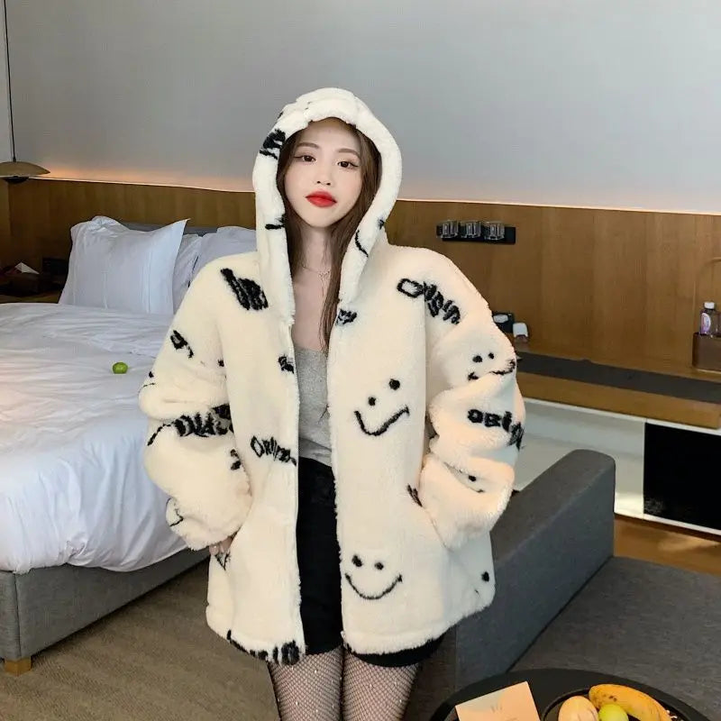 Jackets For Women 2022 Winter Cashmere Chic Printing Hooded Fashion Street Outerwear Sweet Casual College Women's jacket Coat