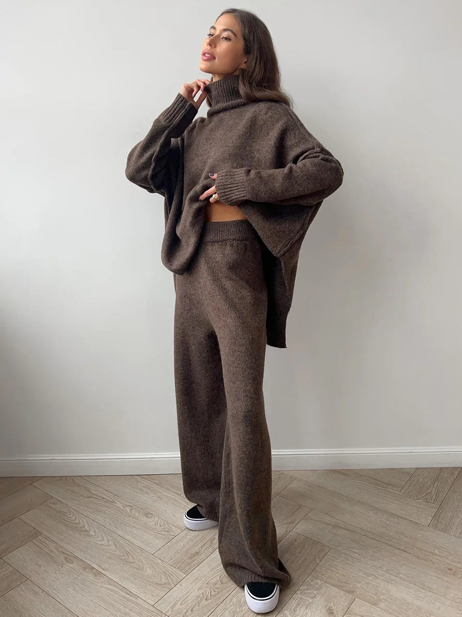 Bornladies Women's Autumn Winter Turtleneck Sweater Pants Set Loose Casual Knitted Sweater  Thicke Loose Pullover 2 Pieces Sets
