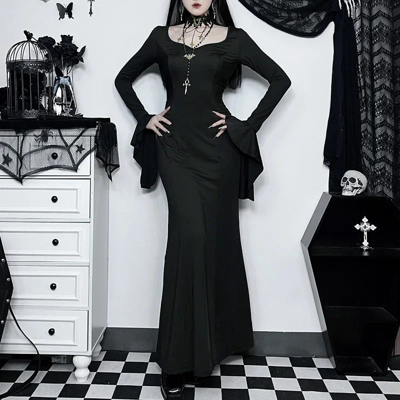 Cosplay Wednesday Dress Lady Halloween Costume for Women Sexy Long Fishtail Skirt Female Pagoda Sleeve Christmas Family Part # 1