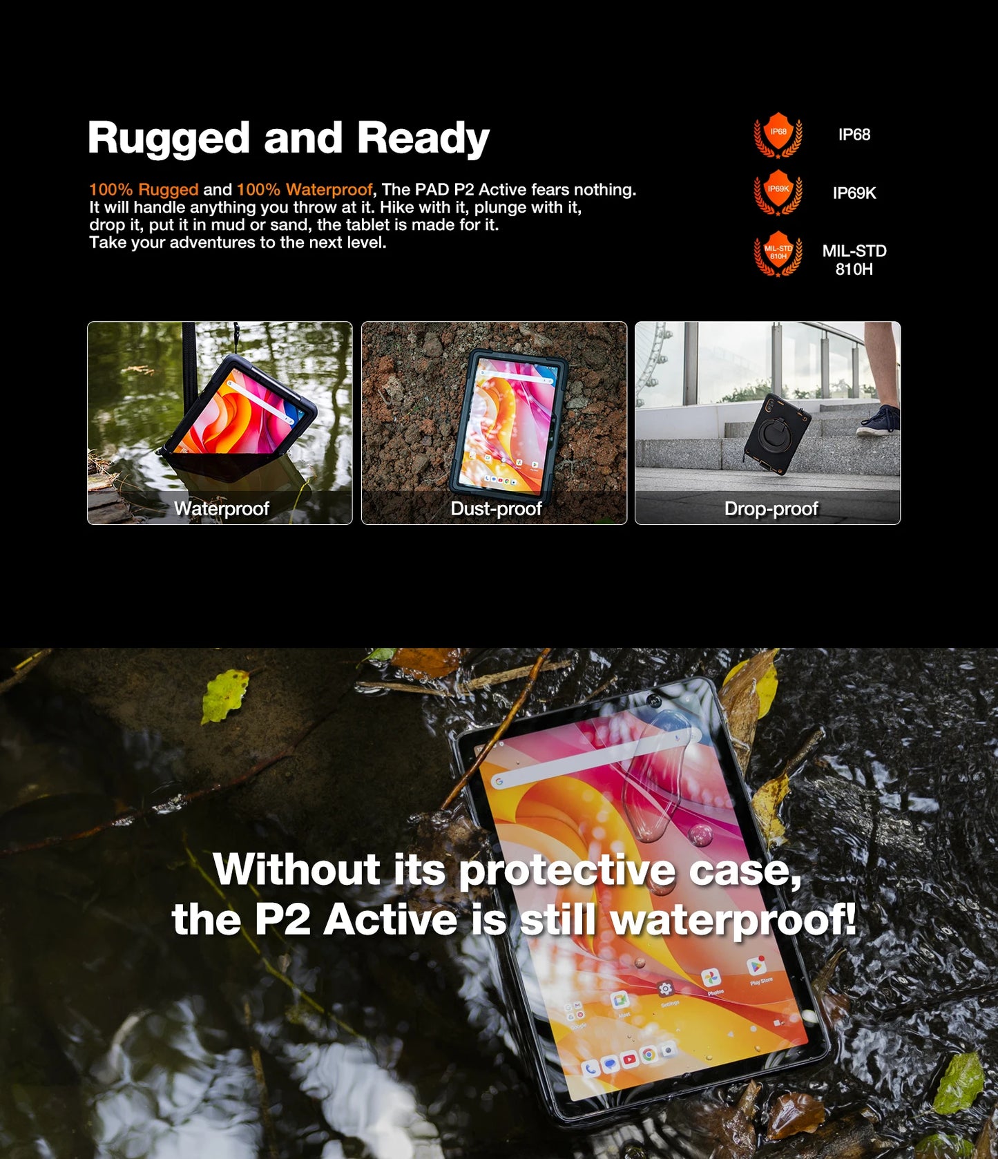 AGM P2 Active 11" FHD Rugged Tablet, IP68 Waterproof/Dustproof, 8GB RAM+256GB, Android 14, G99, Widevine L1 P2W Durable Pad