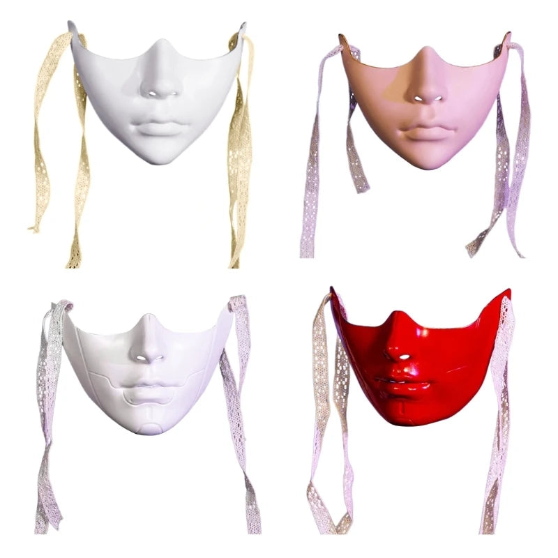 Set of four elegant phantom masks for masquerade party in white, pink, red, and black with decorative ribbons