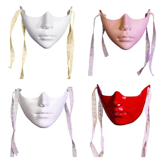 Set of four elegant phantom masks for masquerade party in white, pink, red, and black with decorative ribbons