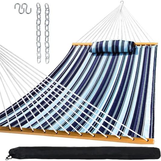 Outdoor Quilted Fabric Hammock with Spreader Bars and Detachable Pillow and Chains,Outdoor Patio Backyard Poolside