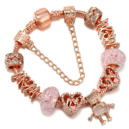Spring Style Charms Bracelets For Women With Snake Chain Pink Daisy DIY Charms Beads Pendants Fashion Jewelry Dropshipping