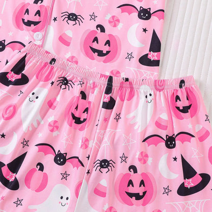 Women Halloween Pajama Set, Pumpkin Print Short Sleeve Button Closure Top with Shorts Sleepwear Loungewear