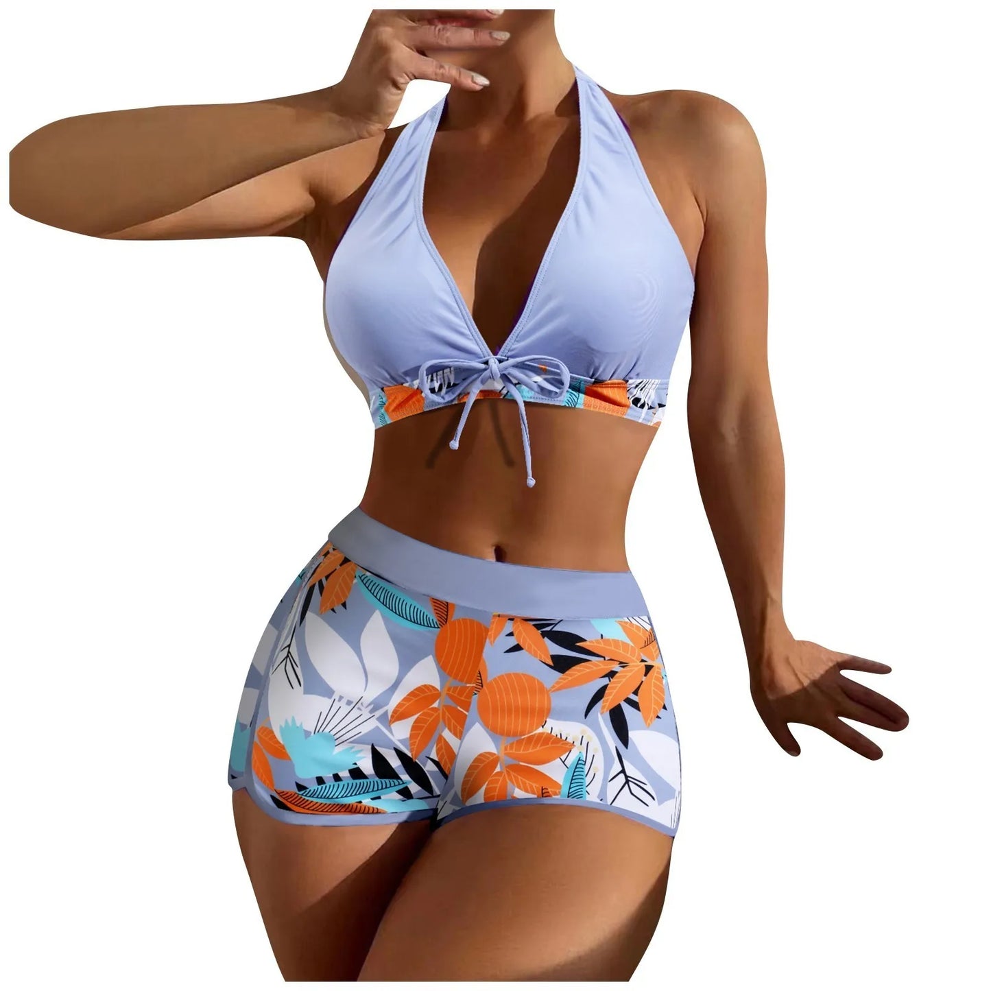 Women's Paneled Printed Swimsuit Ladies Fashion Sexy Split Boxer High Waist Swimsuit Two-Piece Set V-Neck Bathing Suits Female