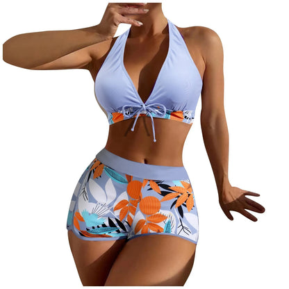 Women's Paneled Printed Swimsuit Ladies Fashion Sexy Split Boxer High Waist Swimsuit Two-Piece Set V-Neck Bathing Suits Female