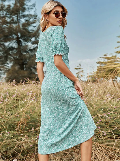 Msfilia Women's Spring V Neck Short Sleeve Single Breasted Pleated Printed Dress For Fashion Chic High Waist Dresses