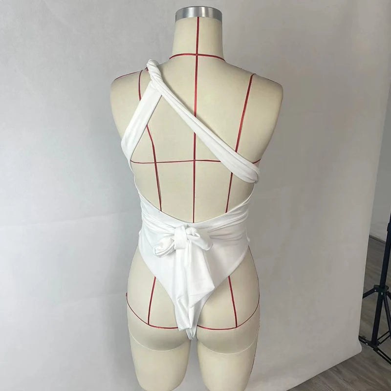 BEACHCICI Women's Bikini One Piece Sexy Solid One Shoulder Slim Tie Up Pleated Hollow Out Nipped Waist Beach Swimwear For Female