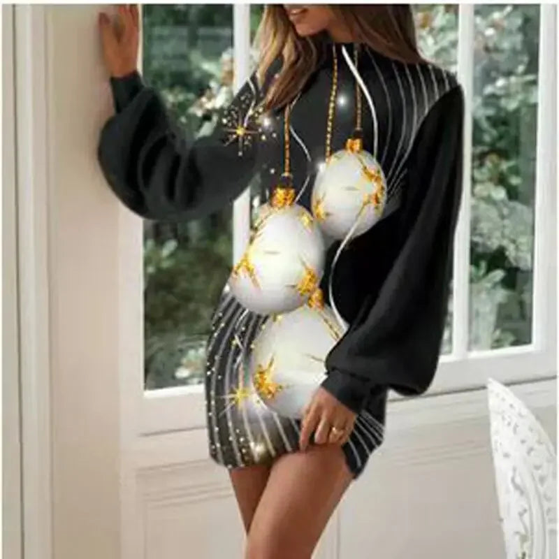 Vintage Christmas Printing Party Dress For Women Autumn Fashion Half High Collar Lantern Long Sleeve Dress Lady Bodycon Vestidos