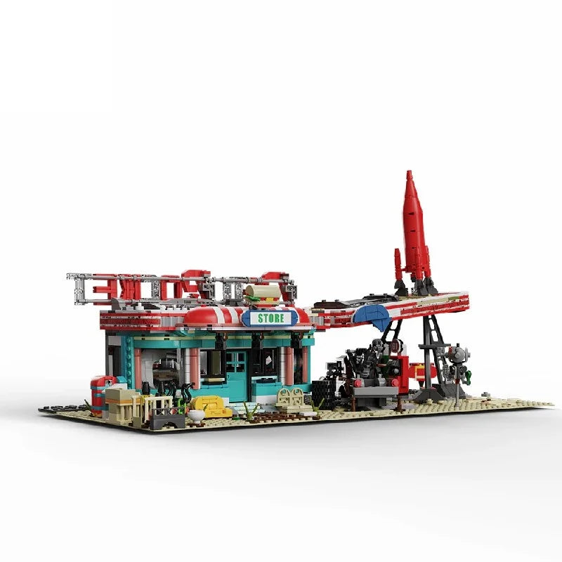 Movie Game Red Abandoned Gas Station Architecture Doomsday MOC House Modular Building Blocks Model Kit Adult Kid Gift 2221PCS