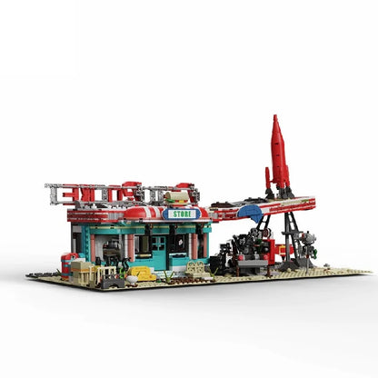 Movie Game Red Abandoned Gas Station Architecture Doomsday MOC House Modular Building Blocks Model Kit Adult Kid Gift 2221PCS