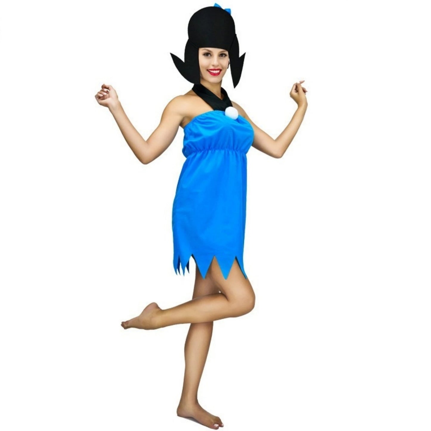 EtherealBe Wilma Flintstone costume for women featuring a blue dress and black wig with an elegant design