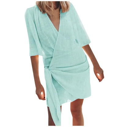 Cotton Linen Dresses Women'S Sexy V Neck Solid Color Pleated Swing Split Mini Dress Party Elegant Chic Vestidos For Womens