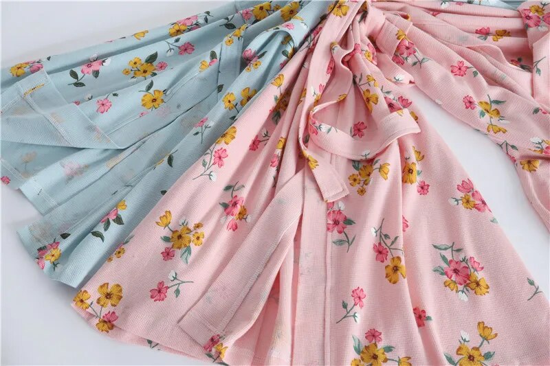 Spring and Autumn Cotton Waffle Kimono Bride Bathrobe and Night Gown Home Wear Women Flower Print Sashes House Robe for Women