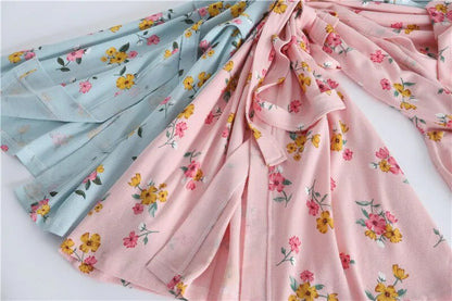 Spring and Autumn Cotton Waffle Kimono Bride Bathrobe and Night Gown Home Wear Women Flower Print Sashes House Robe for Women