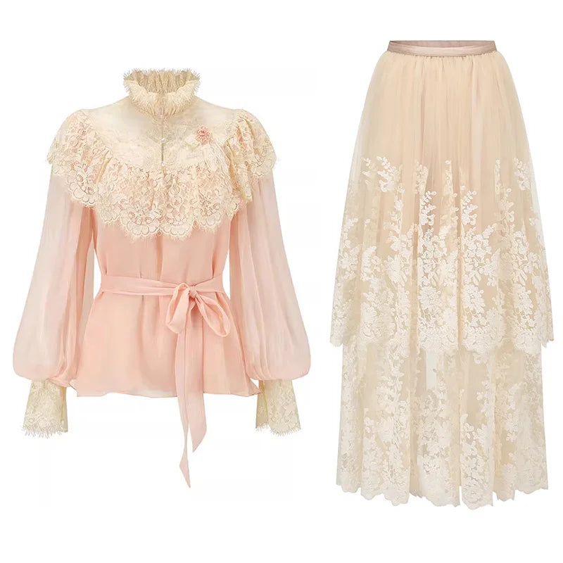 France Style Elegant Sweet 2 Piece Set Women Vintage Lace Patchwork Long Sleeve Blouse Top Mesh Skirt Suit Female Lolita Outfits