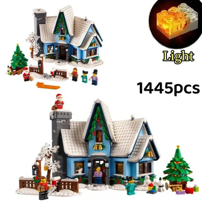 Santa Claus Christmas Winter Village Scenery With Light Building Blocks Bricks Moc 10275 Snow House Model Assembly Toy Kid Gifts