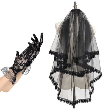 Black lace veil and gloves set by EtherealBe for elegant and gothic-inspired outfits