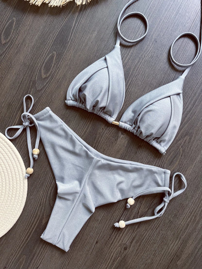 2025 New Sexy Triangle Bathing Suit for Women Brazilian Bikinis Halter Swimwear Push Up Swimsuit Metal Chain Beach Bikini Set