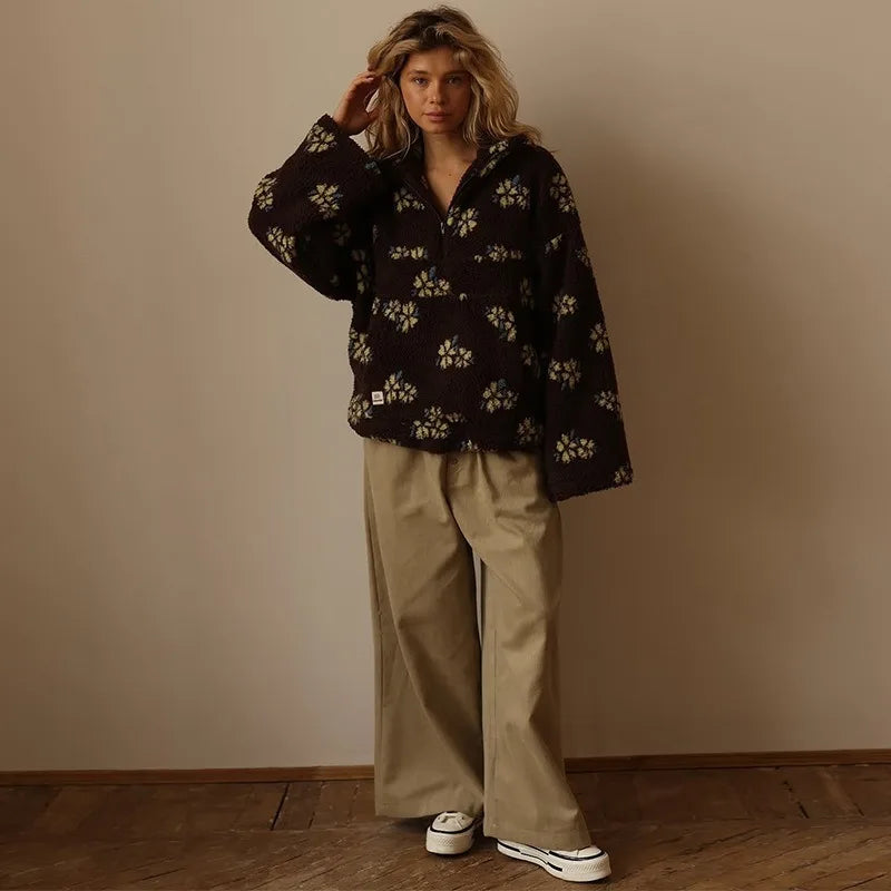 EtherealBe cozy lambskin coat for women in a stylish floral design, perfect for cool weather outings