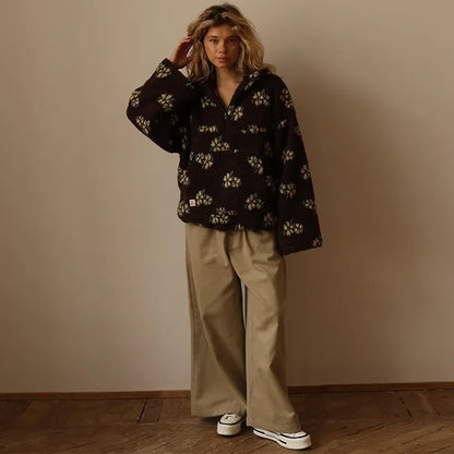 EtherealBe cozy lambskin coat for women in a stylish floral design, perfect for cool weather outings