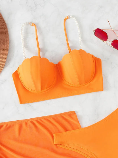 New Swimsuit Women Three Piece Set Solid Blue/Red/Orange/Black Summer Bikini European American Scallop 2024 Swimsuits Wholesale