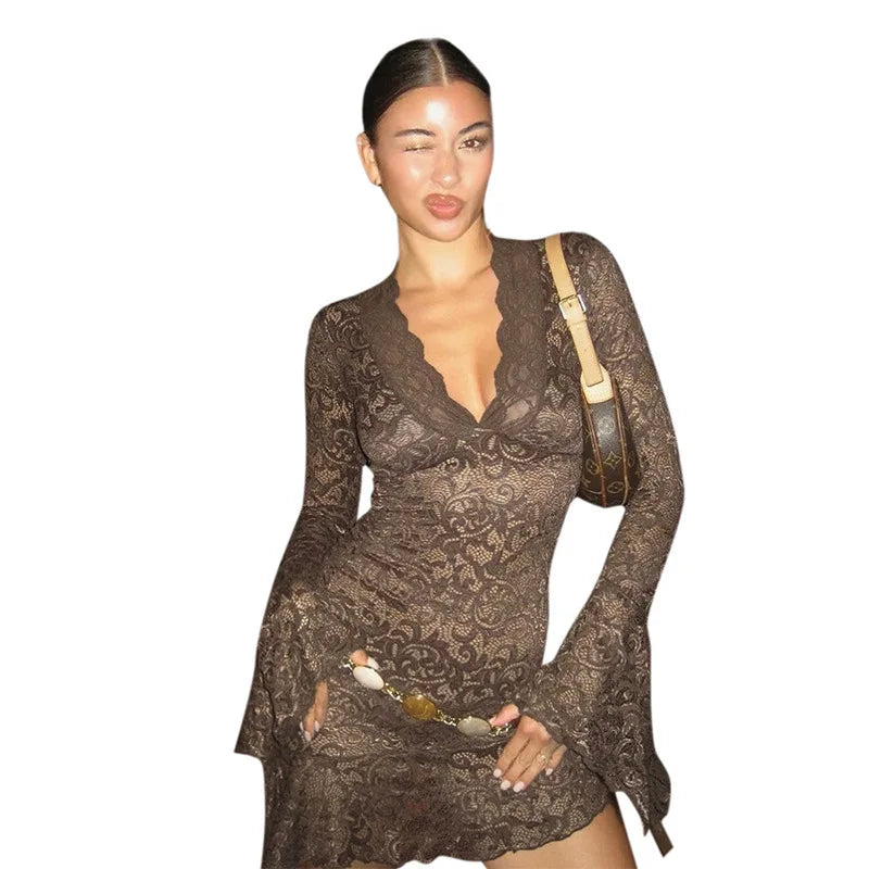 Spring  Sexy V-Neck Lace Dress with Pleated Edge See-through Short Skirt for Women European And American Cross-Border Fashion