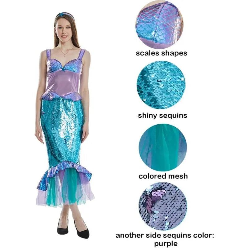 The Mermaid Cosplay Costume for Women Halloween Sea-maid Tail Dress Adult Blue Sequins Skirts Pool Party Ocean Princess Outfit