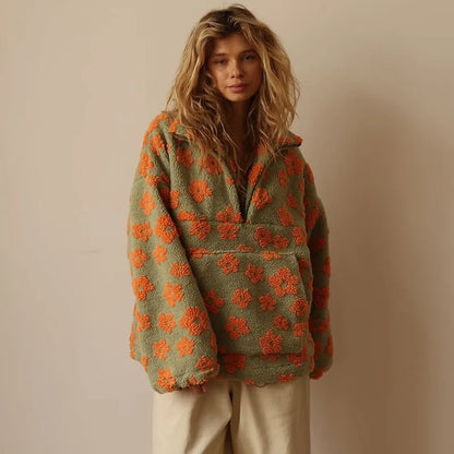 Cozy lambskin coat for women with floral pattern in green and orange, perfect for casual wear