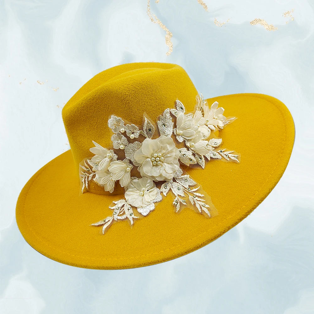 Embroidered three-dimensional flower fedora hat Women's jazz top hat Spring and autumn panama church fashion elegant wedding Hat
