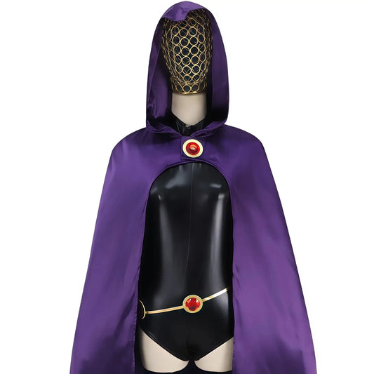 EtherealBe Raven Teen Titans cosplay costume for women featuring a purple cape and iconic red accents